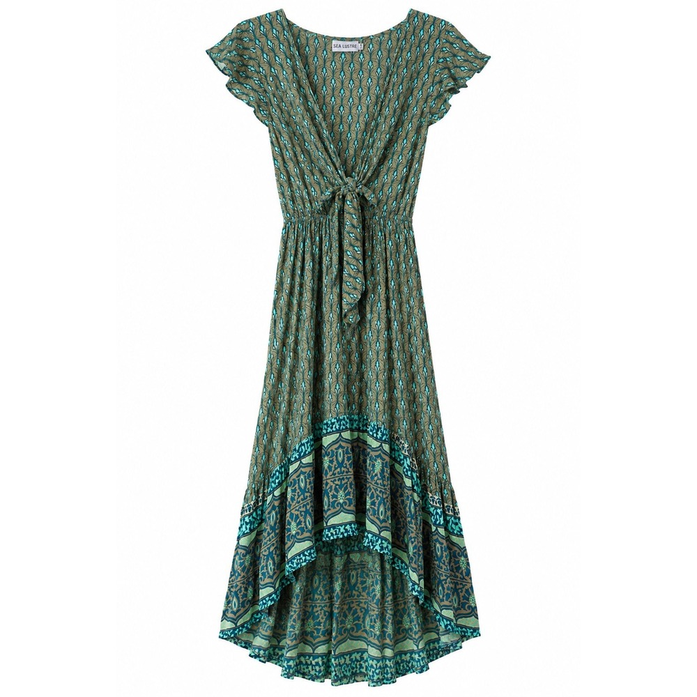 Sea Lustre M/L Boho Maxi Dress Teal Olive Tie Front High Low Ruffle Hem